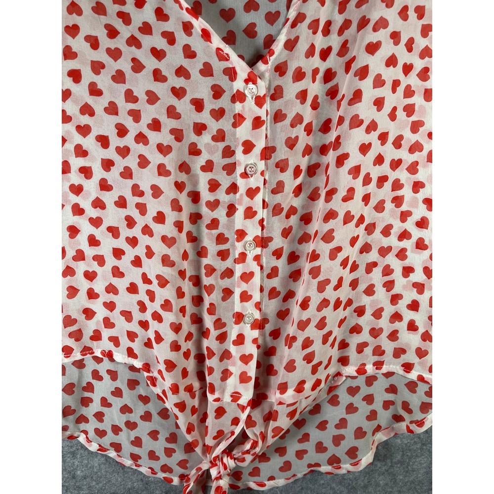 One Clothing Red Heart Print Sleeveless Button Down Tie Front Blouse Small White